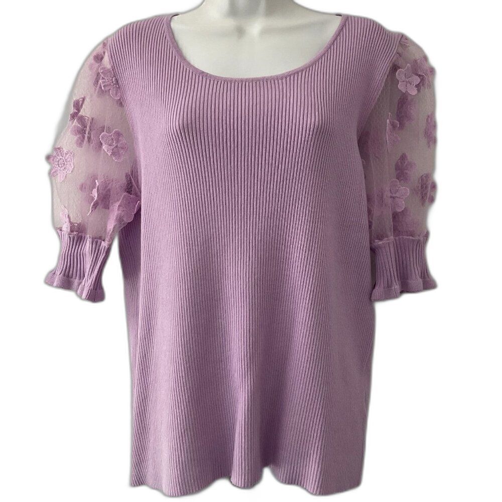 Cato Lavender Ribbed Knit Top 3D Floral Applique Puff Sleeve XL